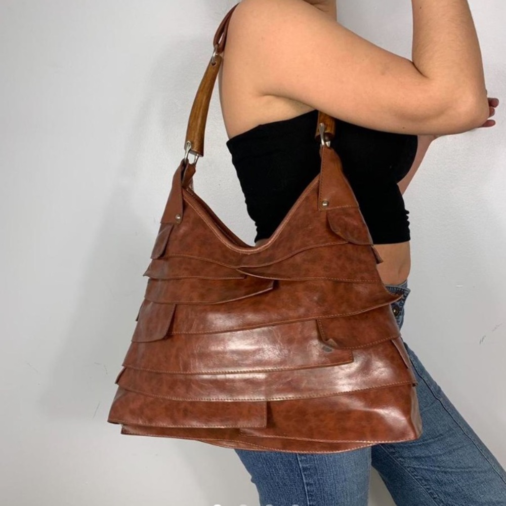 Y2K 90s VINTAGE FLARED LEATHER BROWN TAN  PATCHED WOOD SHOULDER PURSE HANDBAG
